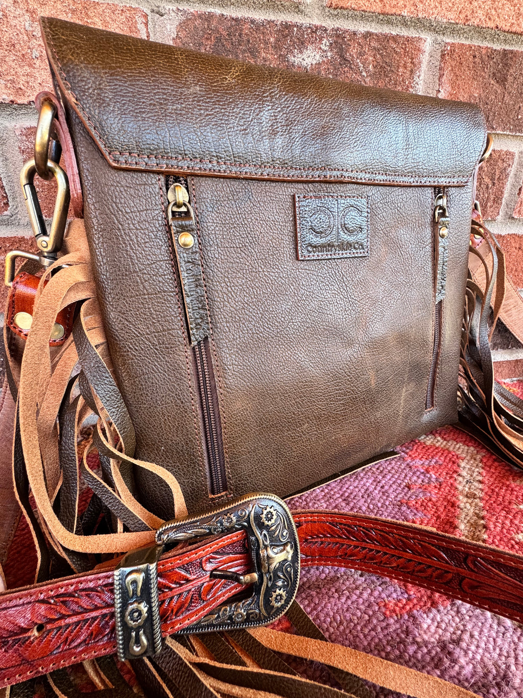Tooled Leather Fringe Crossbody