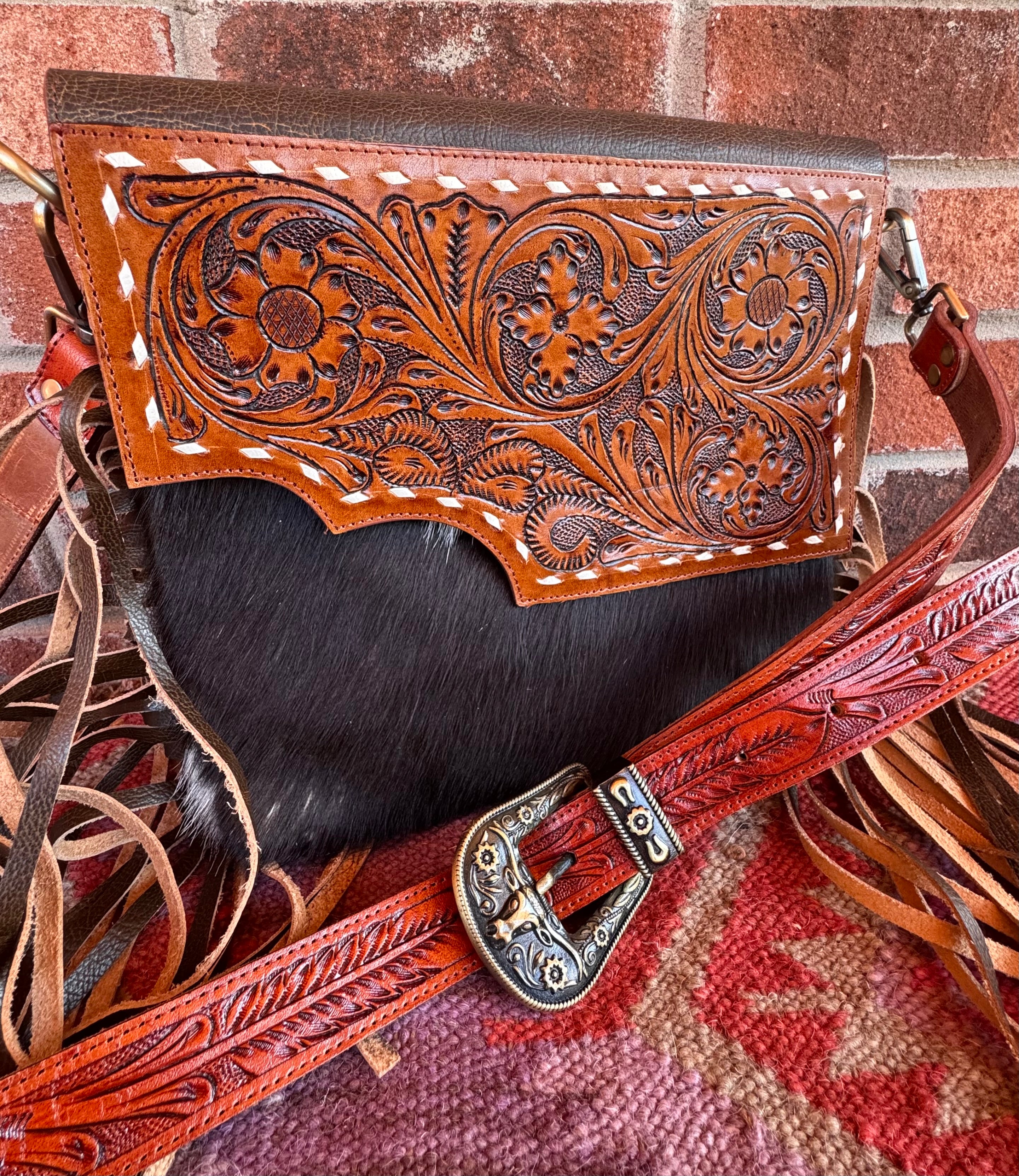 Tooled Leather Fringe Crossbody