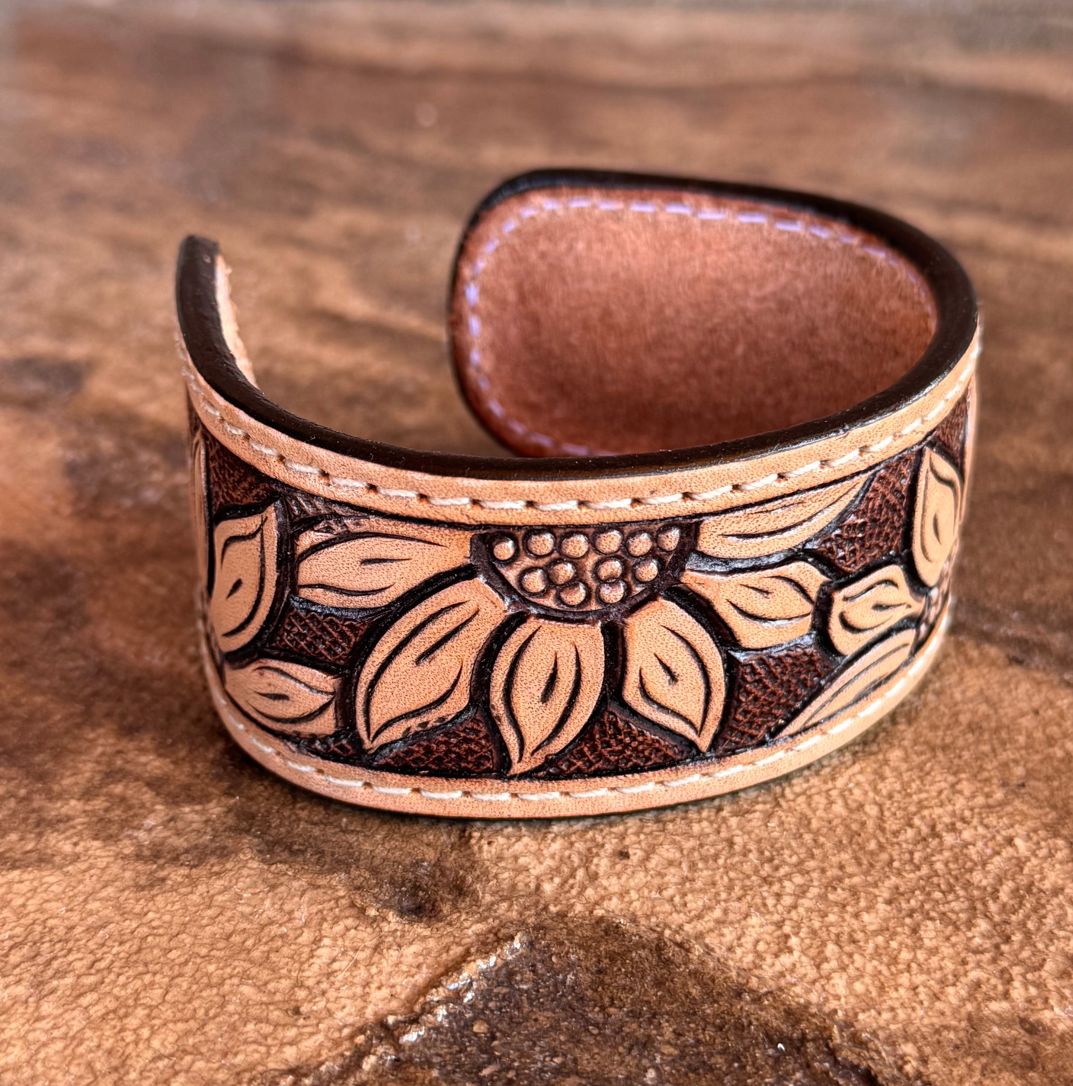Sunflower Tooled Leather Cuff