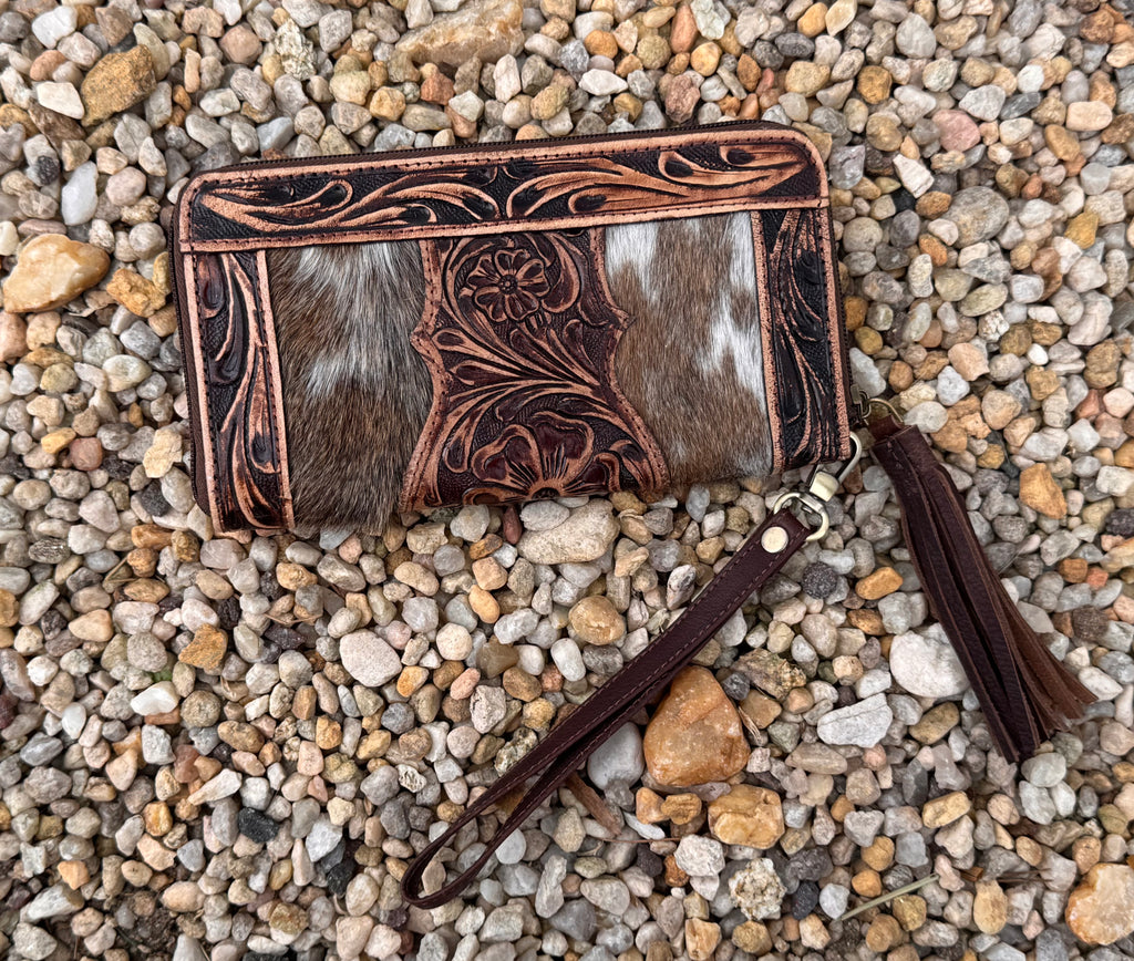 Cowhide and Tooled Flower Wallet