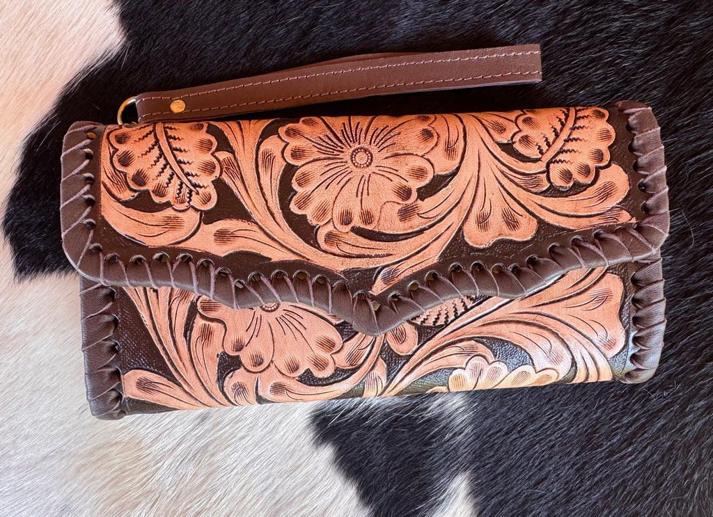 Brown Tooled Leather Stitched Wallet