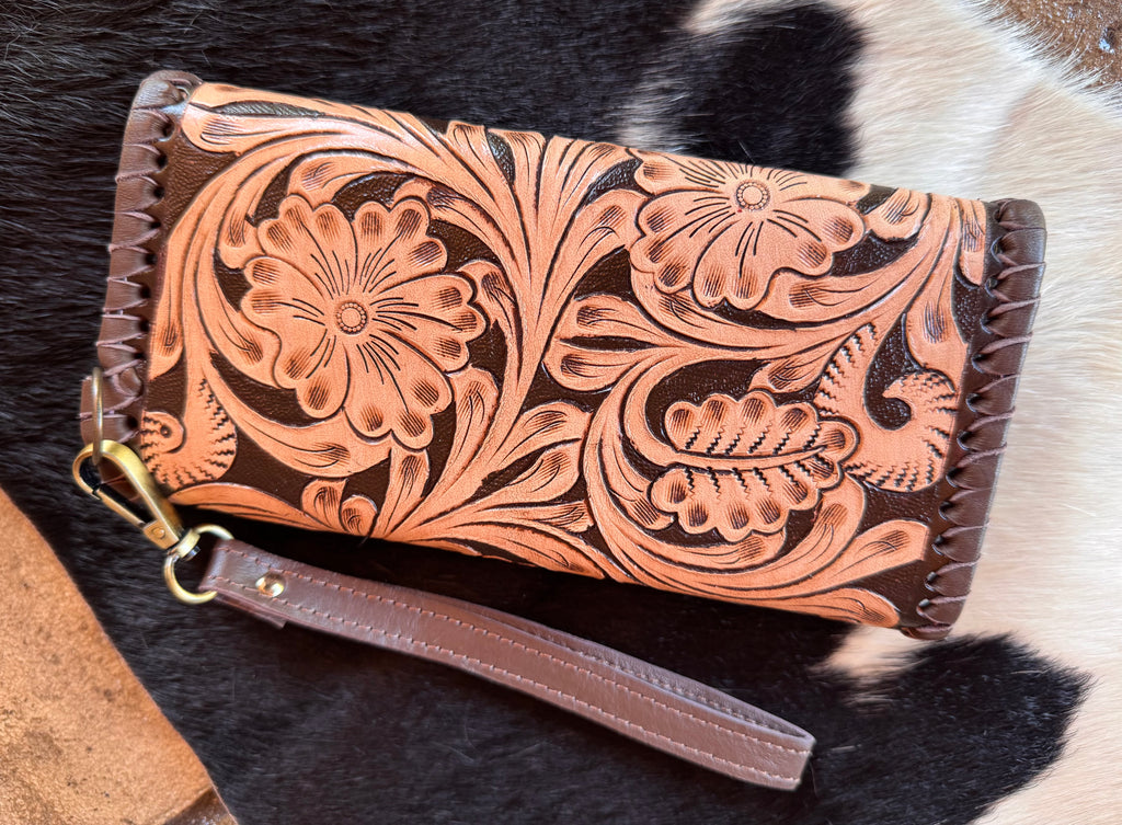 Brown Tooled Leather Stitched Wallet