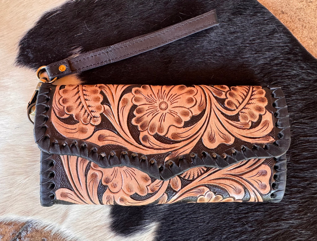 Black Tooled Leather Stitched Wallet