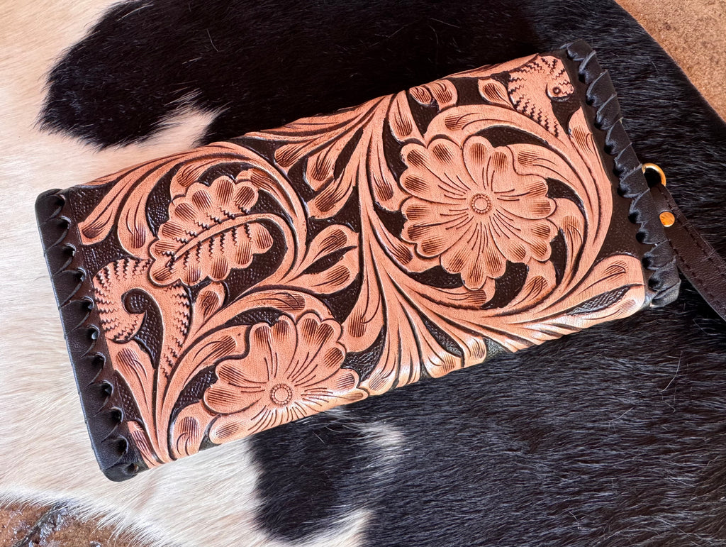 Black Tooled Leather Stitched Wallet