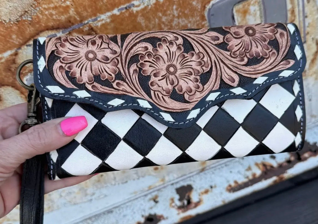 Checkered and Hand Tooled Wallet