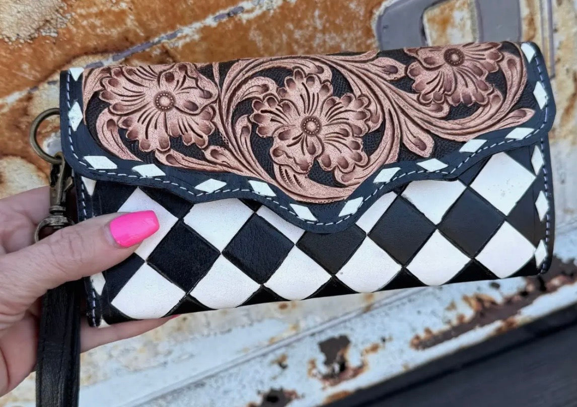 Checkered and Hand Tooled Wallet