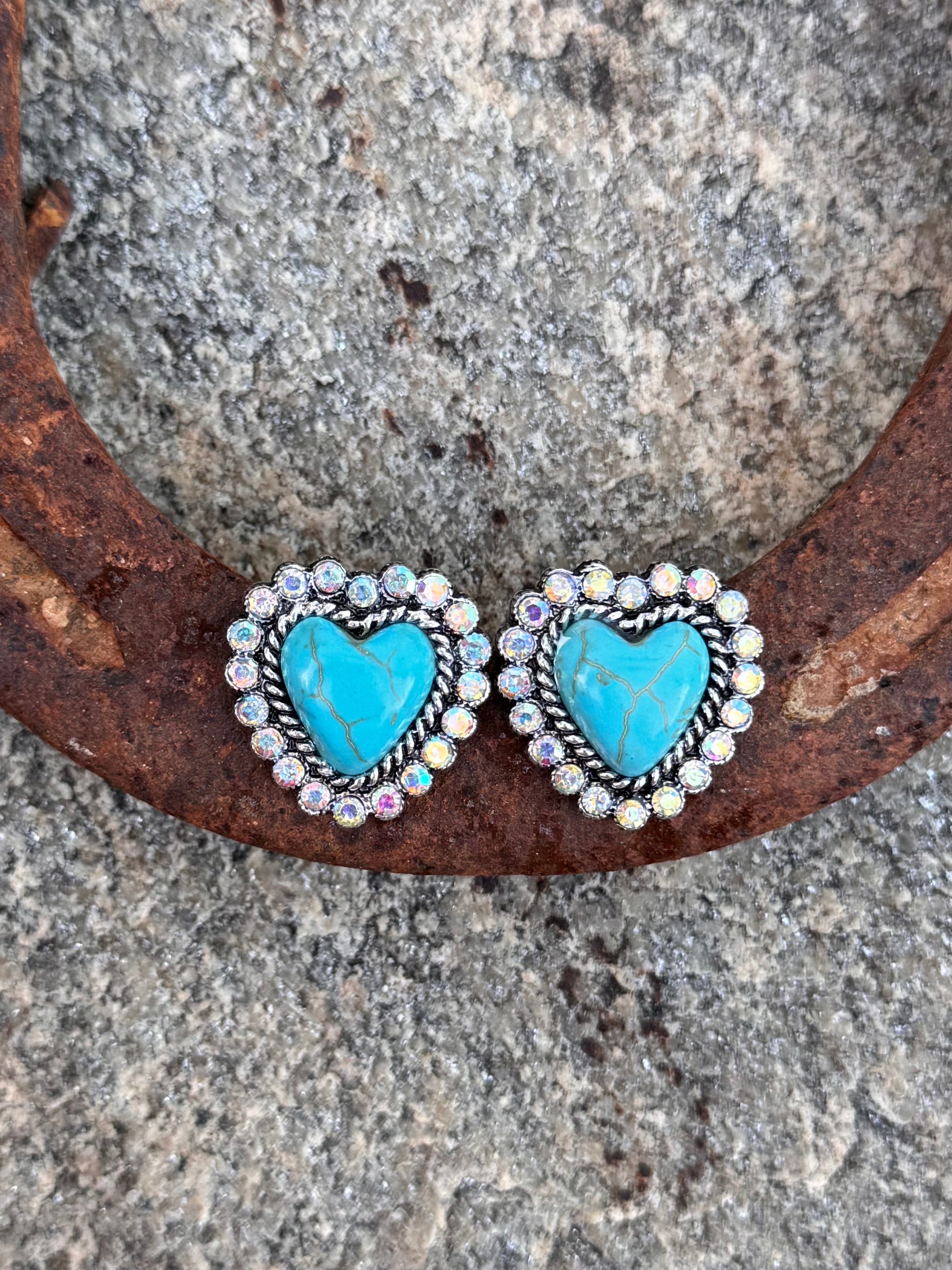 Turquoise Heart and Rhinestone Stud Earrings