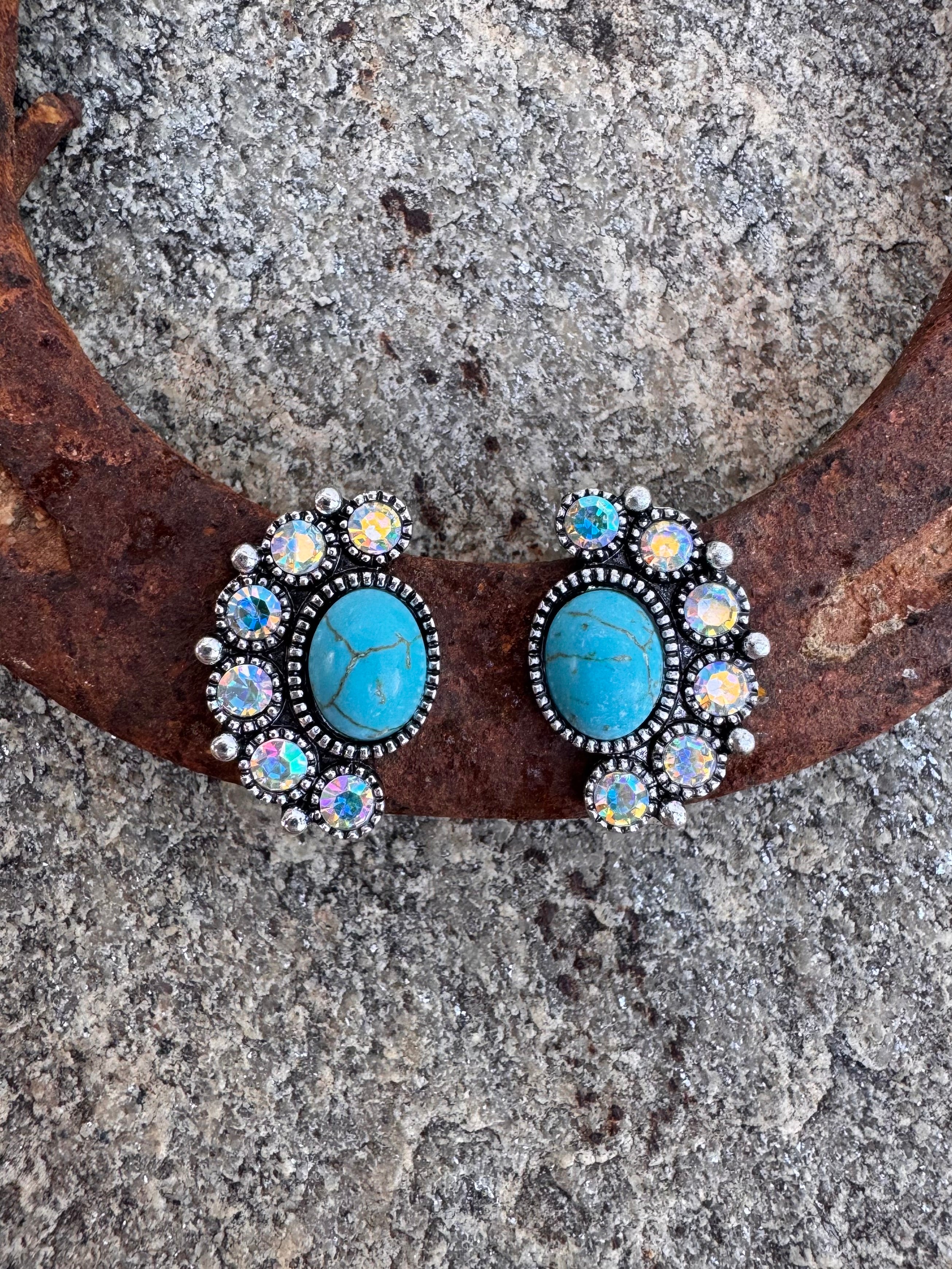 Turquoise and Rhinestone Half Cluster Stud Earrings