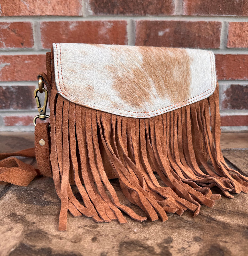 Cowhide and Fringe Suede Crossbody