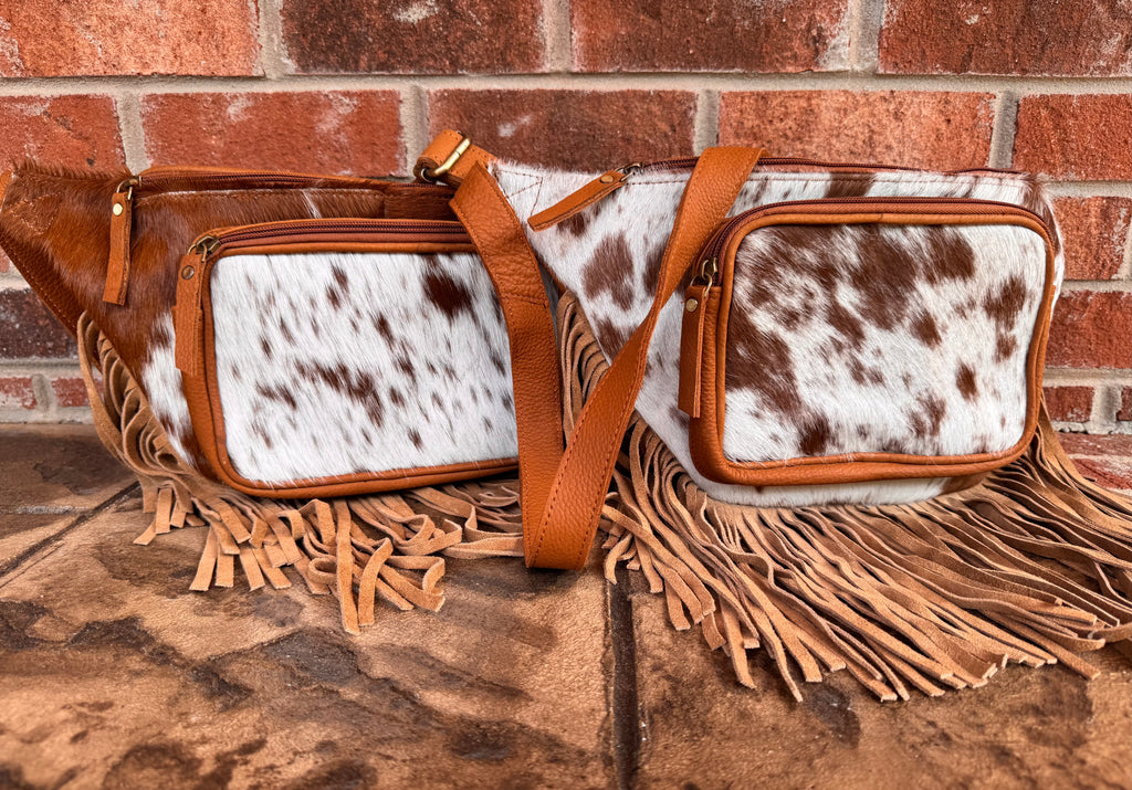 White and Brown Cowhide Sling Bag With Fringe