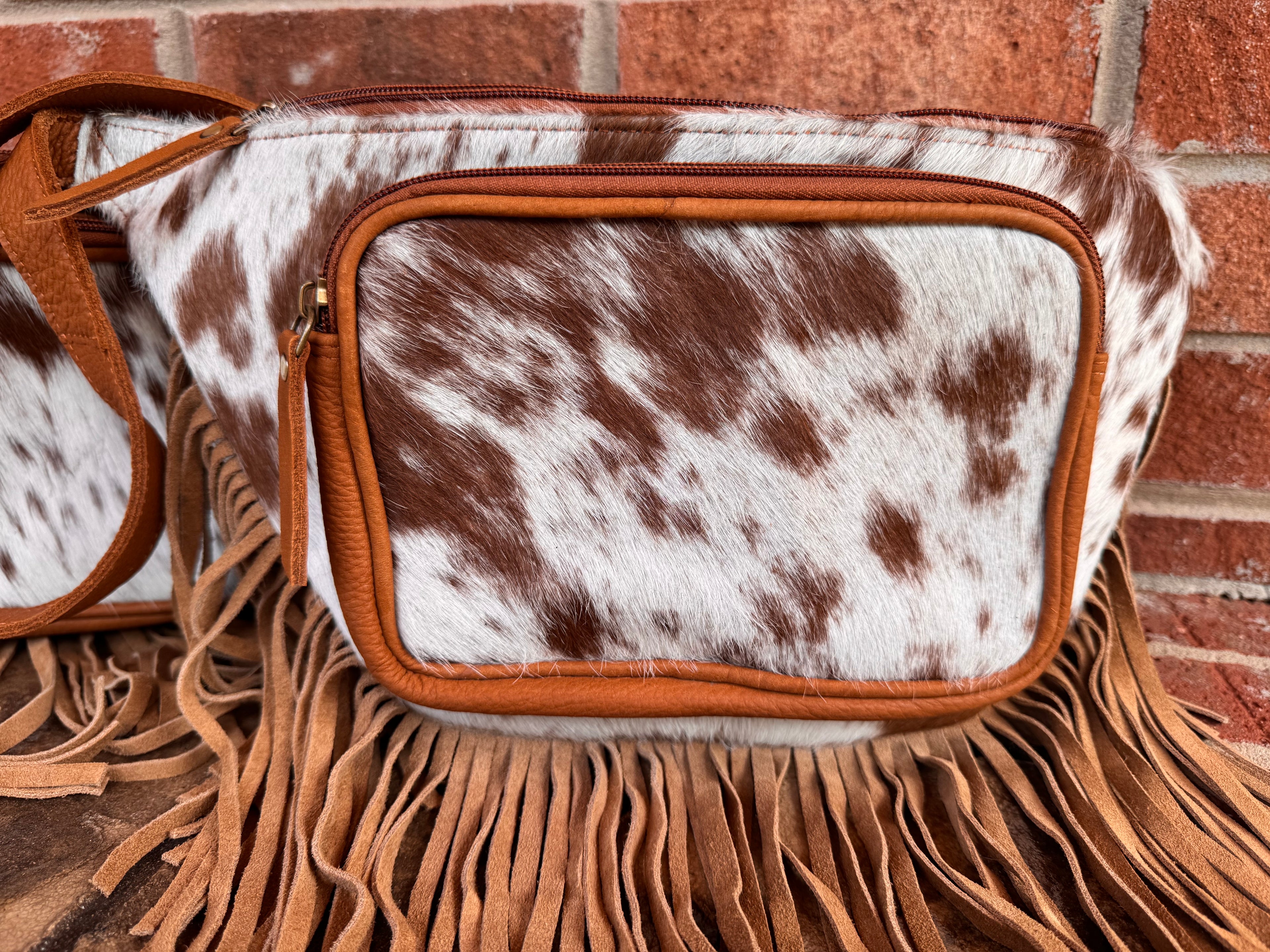 White and Brown Cowhide Sling Bag With Fringe