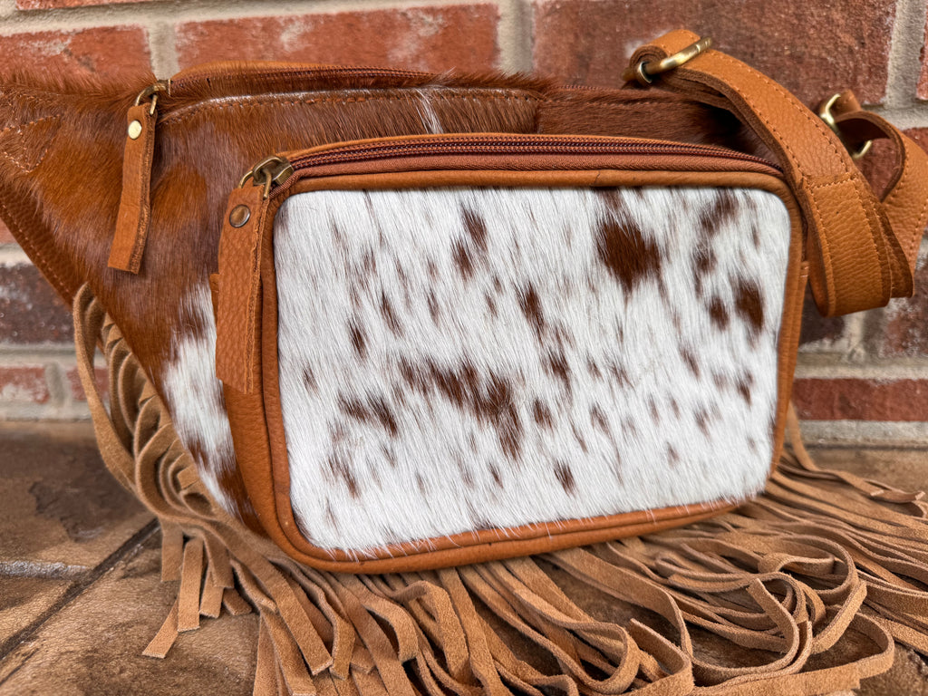White and Brown Cowhide Sling Bag With Fringe