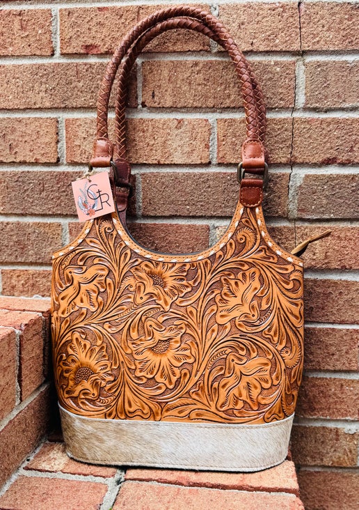 Tooled Leather and Cowhide Shoulder Bag