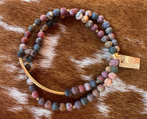 Red Creek Jasper Double Wrap Gold Bar Bracelet