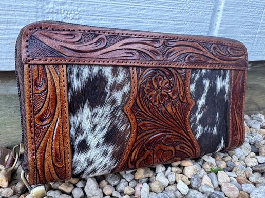 Cowhide and Tooled Flower Wallet