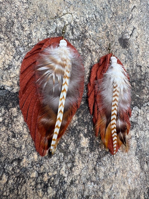 Rust Leather Fringe And Feather Earrings