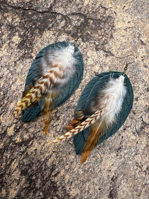 Emerald Leather Fringe and Feather Earrings
