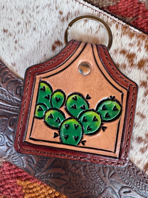 Tooled Leather Cactus Keychain