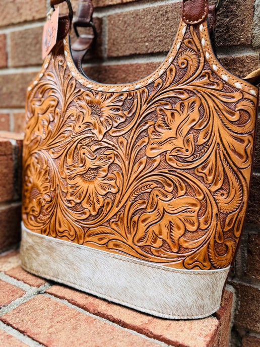 Tooled Leather and Cowhide Shoulder Bag
