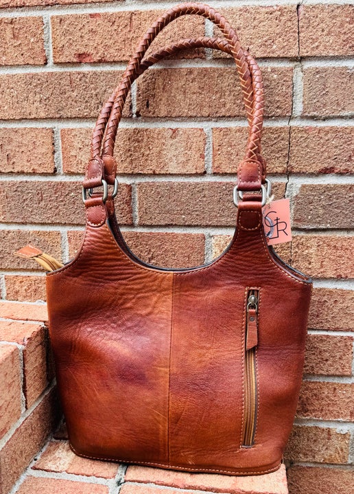 Tooled Leather and Cowhide Shoulder Bag
