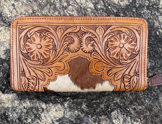 Zipped Tooled Leather And Cowhide Wallet