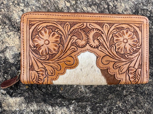 Zipped Tooled Leather And Cowhide Wallet