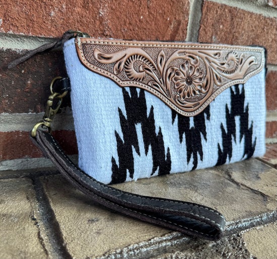 Western Aztec Tooled Leather Wristlet