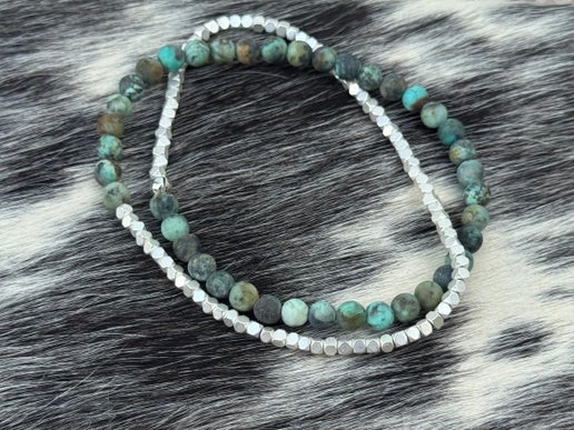 African Turquoise Double Wrap Silver Bracelet