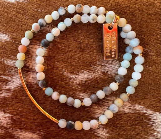 Amazonite Double Wrap Gold Bar Bracelet