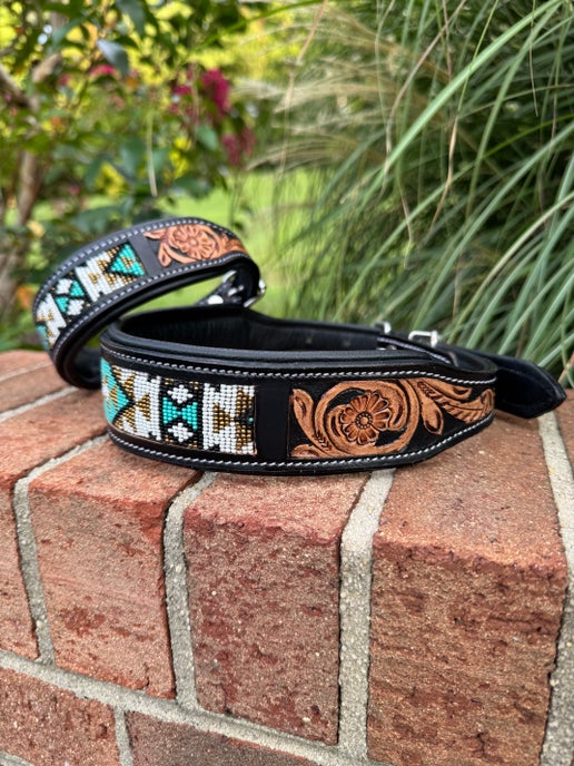 Black Leather Beaded Dog Collar