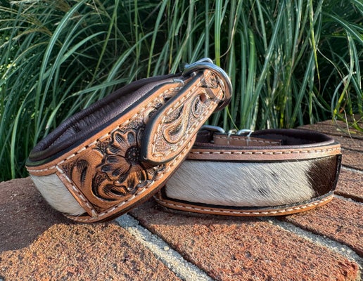 Cowhide and Tooled Leather Dog Collar