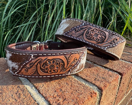 Girly Tooled Leather and Cowhide Dog Collar