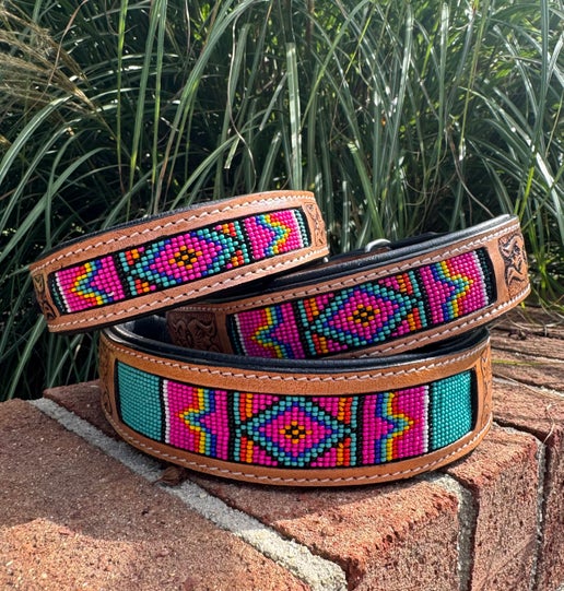 Pink Turquoise Beaded Dog Collar