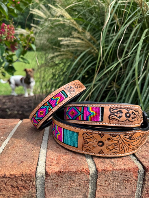 Pink Turquoise Beaded Dog Collar