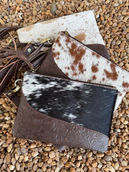 Tooled Cowhide Wristlet (Dark Brown)