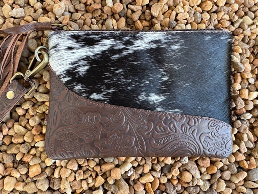 Tooled Cowhide Wristlet (Dark Brown)