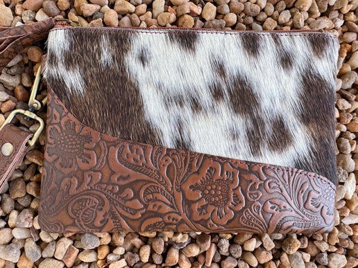 Tooled Cowhide Wristlet (Tan)