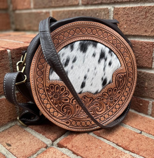 Round Leather Cowhide Crossbody