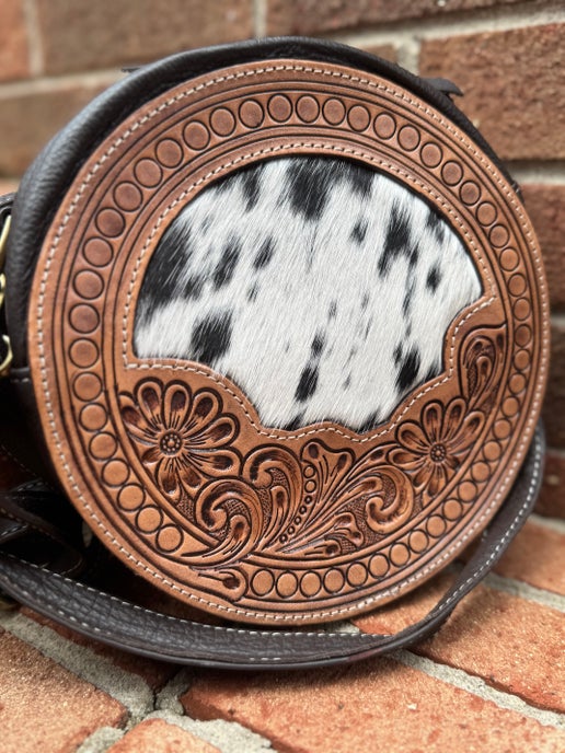 Round Leather Cowhide Crossbody